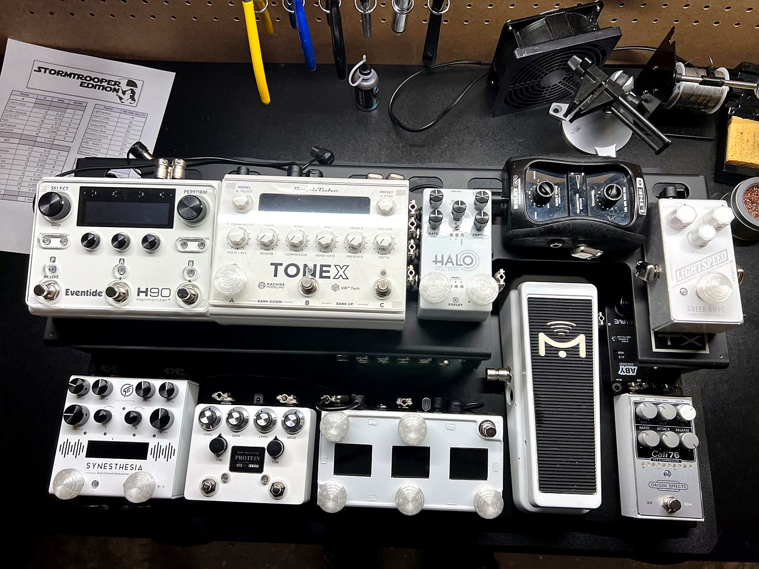 White pedalboard with Eventide H90, ToneX, Halo, Synesthesia, Cali76 and wah